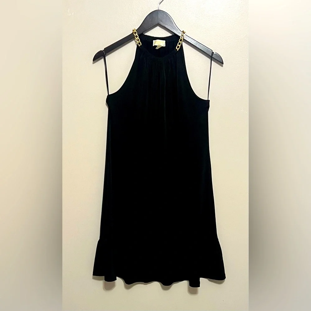 Michael Michael Kors Gold Chain Tank Black Ruffle Trim Mini Dress Size Small